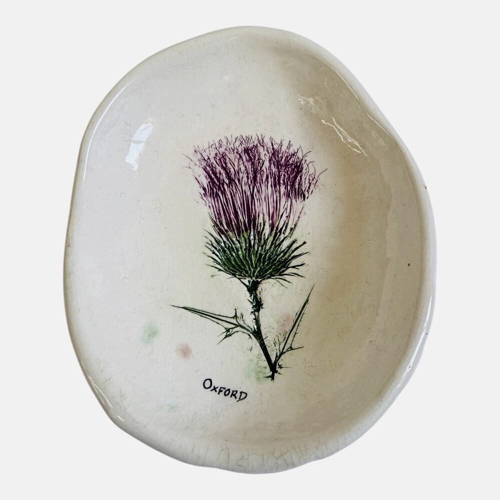 Handmade Thistle Trinket Dish Pottery The Fire Place Hand Painted 5”x4”